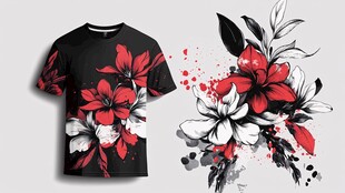 黑T恤上的红白花图案设计