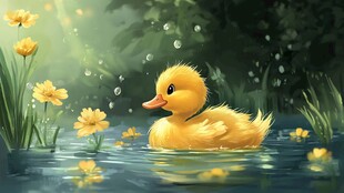 小黄鸭在花漾池塘中畅游