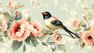 花鸟图 鸟儿栖于繁花枝头