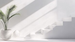 简约白空间的绿植与阶梯