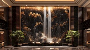 中式大堂山水瀑布艺术墙