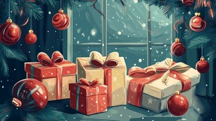 窗前圣诞礼物与装饰