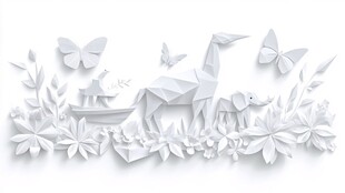 白色折纸动物与花草景观