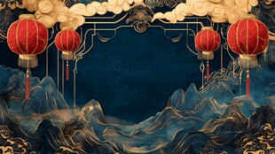中式山水灯笼节庆背景图