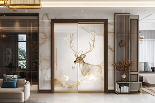 奢华客厅中精美鹿纹玻璃门