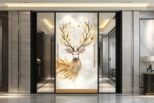玄关处的华丽金鹿艺术壁画