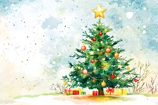 水彩风圣诞树与礼物