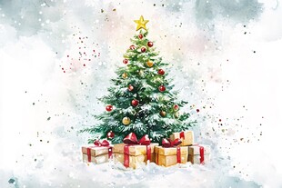 梦幻水彩风圣诞树与礼物