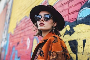 时尚女孩于涂鸦墙前的风采