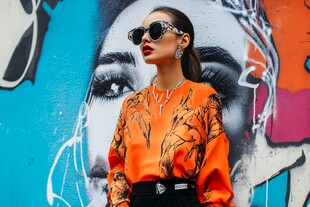 时尚女子于街头艺术墙前