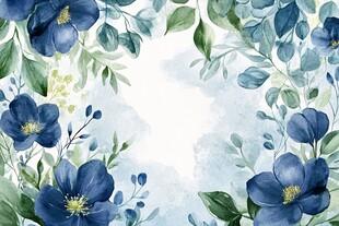 蓝花绿叶水彩花卉边框