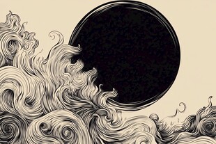 水墨风海浪与黑圆艺术图