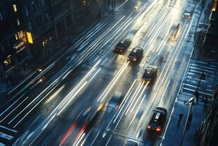 城市雨夜车流光影画面