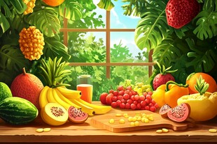 窗边缤纷水果的惬意画面