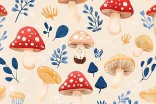 蘑菇与植物的梦幻插画图案