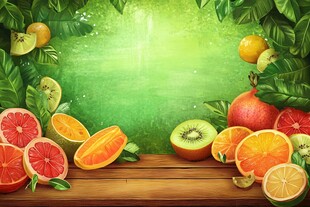 清新水果摆放在木质桌面上