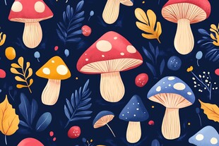 梦幻蘑菇与植物装饰图案