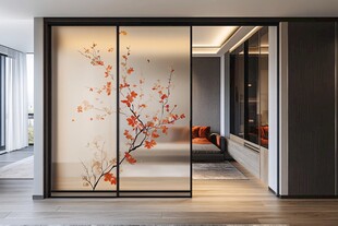 中式梅花图案玻璃隔断门