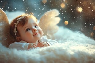 天使宝宝躺在梦幻云朵上
