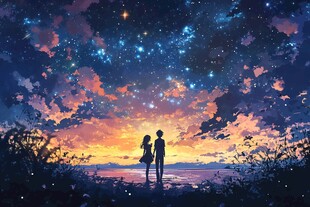 浪漫星空下的情侣剪影