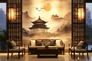 中式客厅古风山水壁画之美