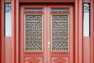 中式红漆雕花双开大门