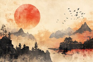 夕阳下的山水楼阁美景