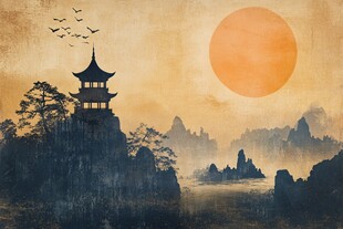 落日下的中式山水楼阁