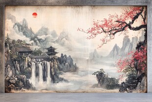 中式山水壁画 红梅映景