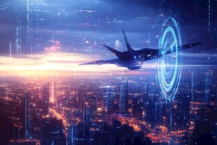 未来都市上空的科技飞行