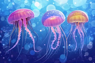 梦幻水母在蓝色海洋中游动