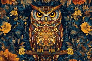 猫头鹰栖于繁花背景中