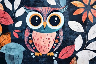 可爱猫头鹰置身多彩叶间