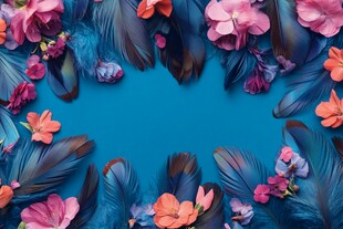 蓝底花卉羽毛装饰图案