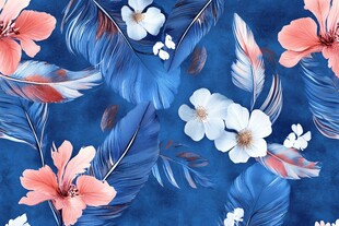 蓝底花卉羽毛图案纹理