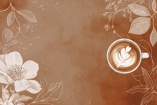 棕色背景上的咖啡与花卉
