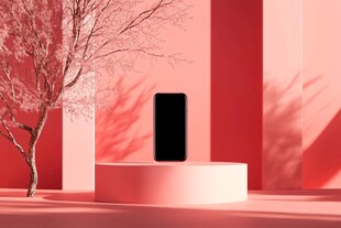 粉色背景中的黑色手机展示