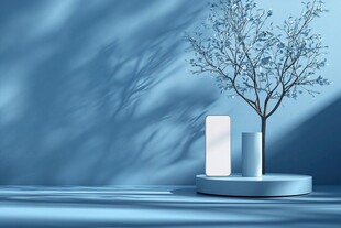 蓝色场景中的树与展示物品