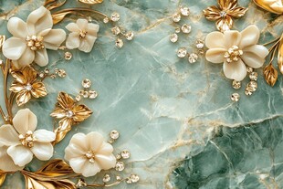 绿玉石上的金白花卉装饰
