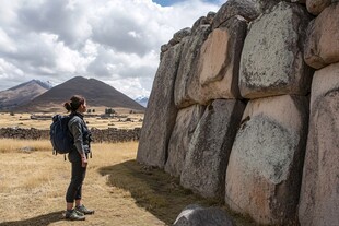 女子探秘古老石墙景观