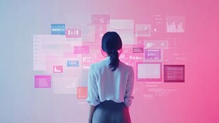 女性专注虚拟屏幕界面