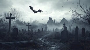 阴森墓地中的蝙蝠与迷雾