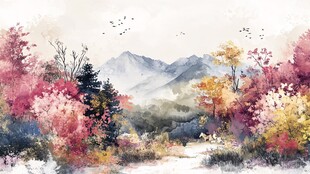 秋景山水水彩画中的诗意