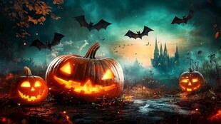 魔幻万圣节南瓜与蝙蝠场景