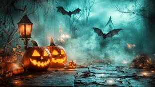 神秘万圣节南瓜蝙蝠夜景