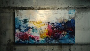 抽象多彩画作挂于水泥墙