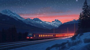 雪山星夜下的疾驰列车