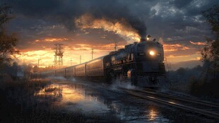 夕阳下疾驰的复古蒸汽火车