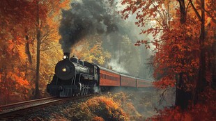 秋日森林中行驶的蒸汽火车