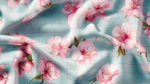 浅蓝底粉色樱花印花布料